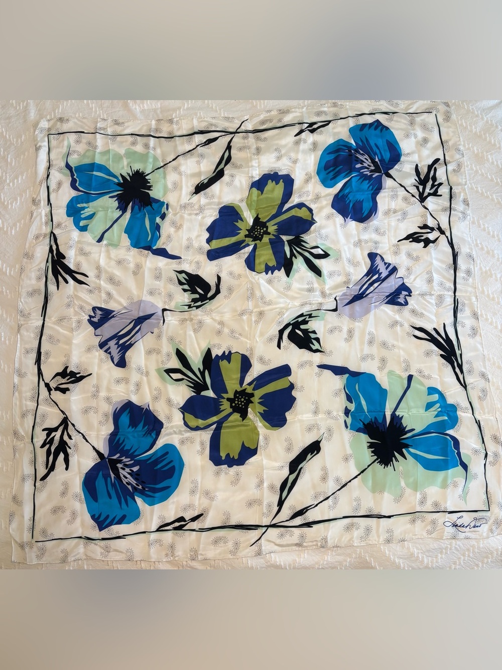 VTG NEW Silk Scarf Large Square 42" Hand Rolled Linda Dano Blue Bold Floral Box